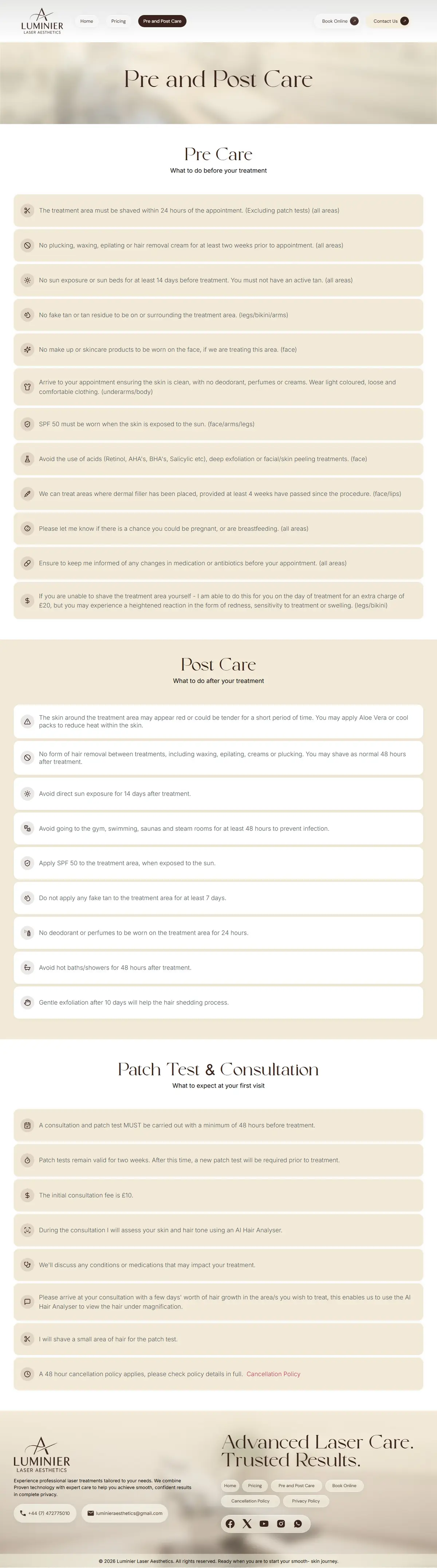 Luminier — Pre and Post Care Page