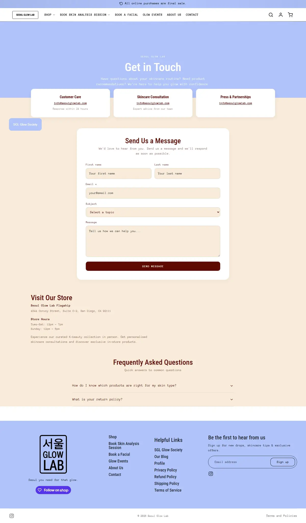 Seoul Glow Lab — Contact Page