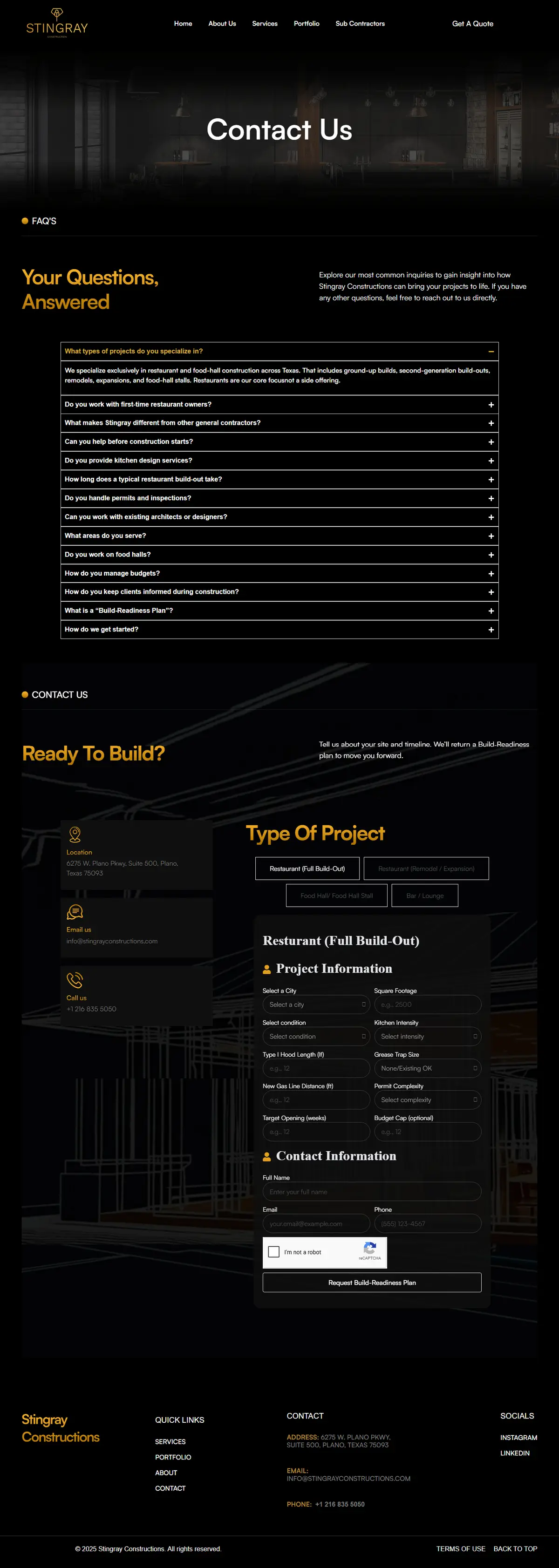 Stingray Constructions — Contact Us Page