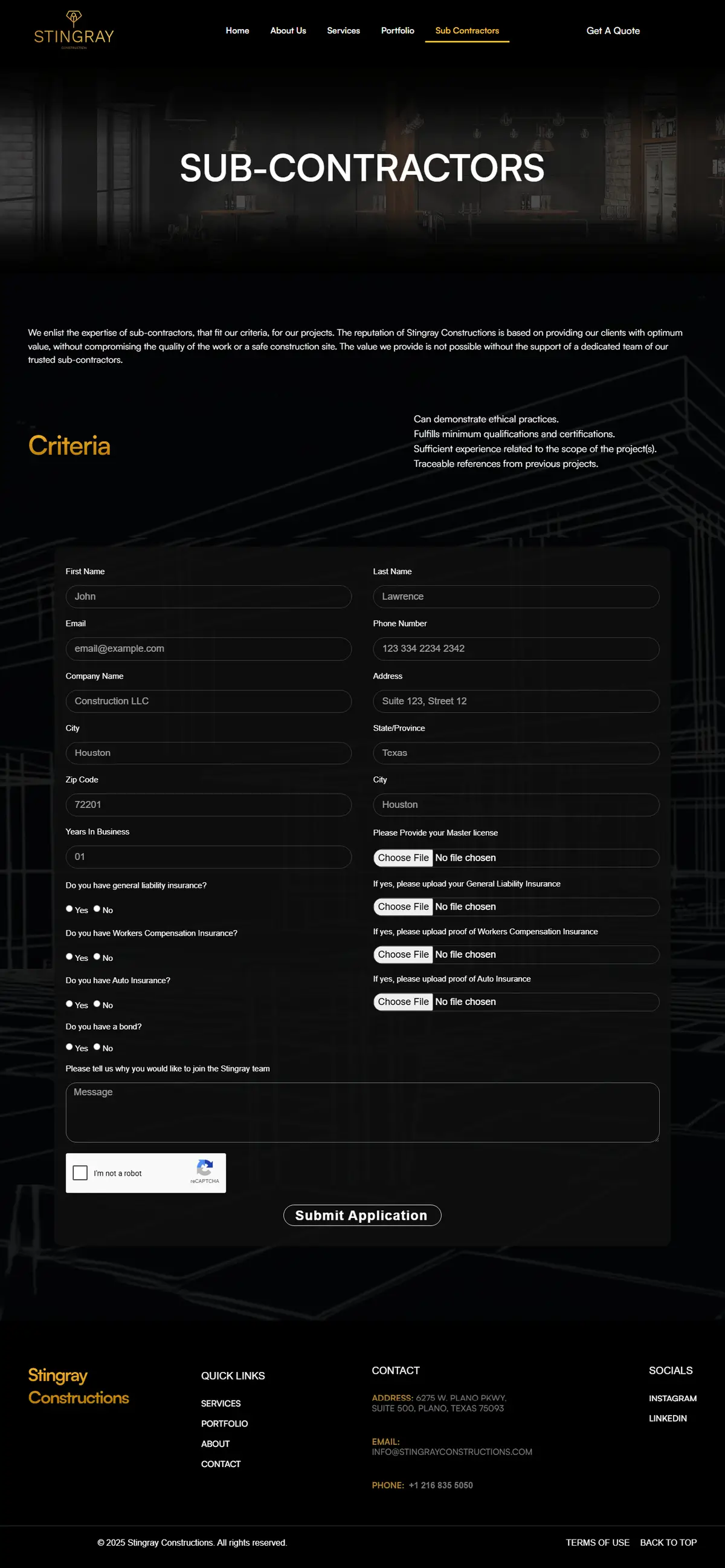 Stingray Constructions — Sub Contractors Page