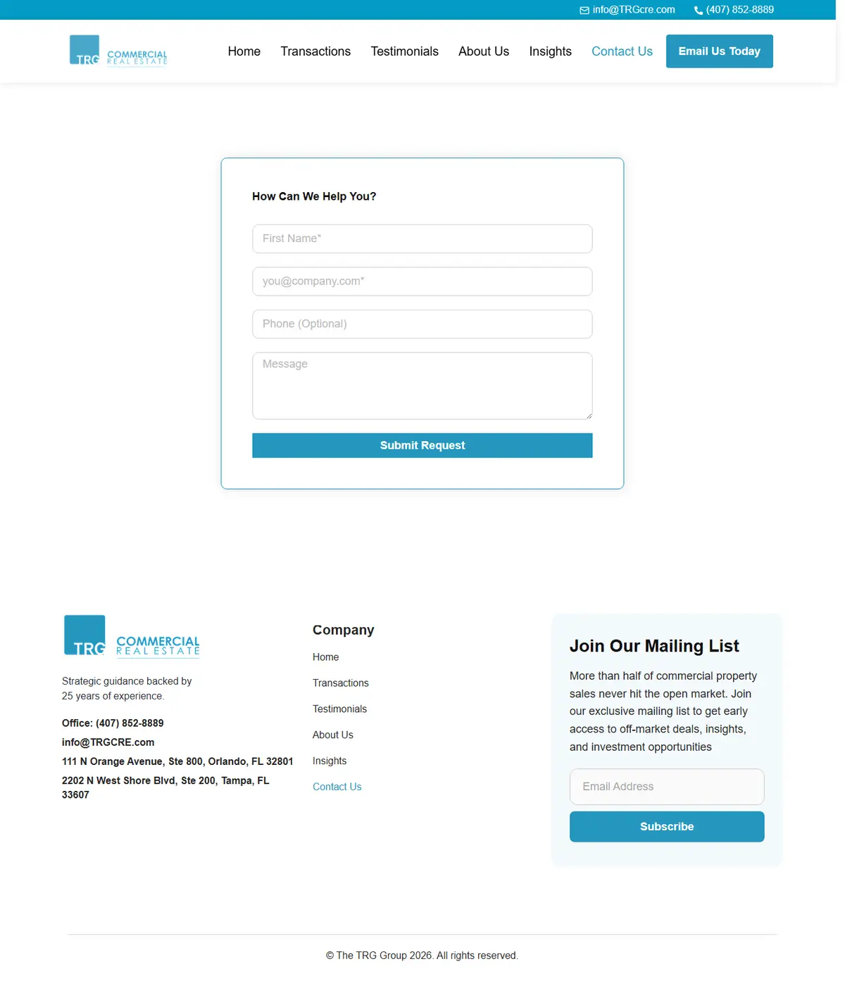 TRG CRE — Contact Us Page